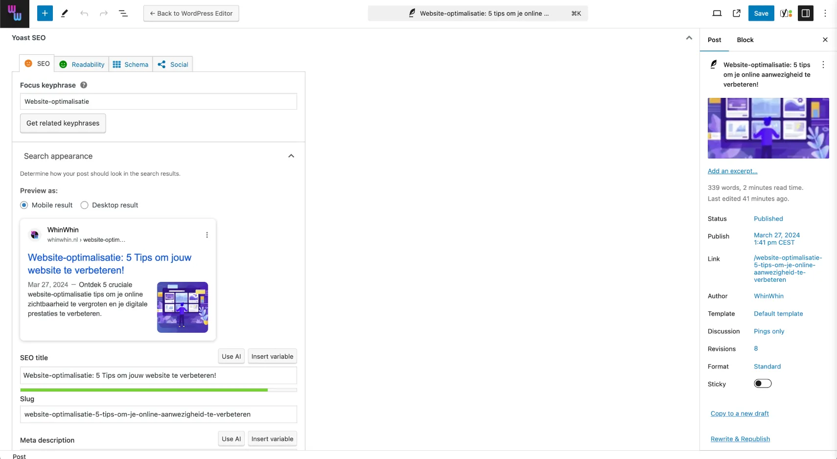 Yoast SEO plugin zichtbaard in de WordPress dashboard