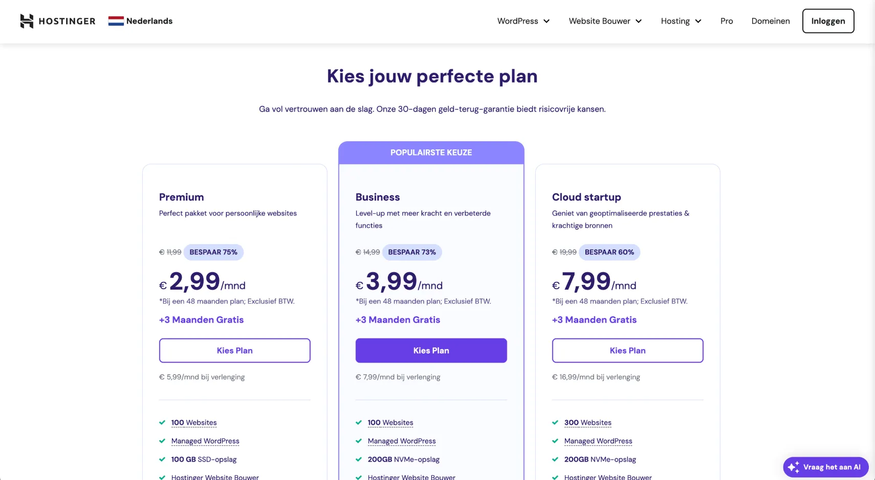 Hostinger Hostingprovider voor wordpress websites and woocommerce webshops met verschillende pakketten
