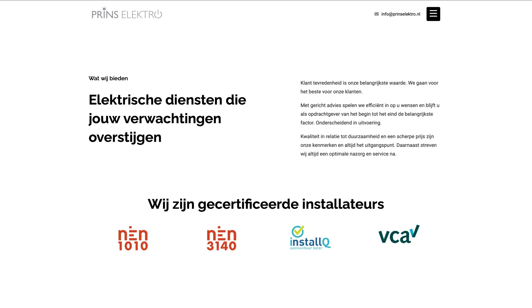 Website onderdeel van Prins Elektro dat de certificering laat zien