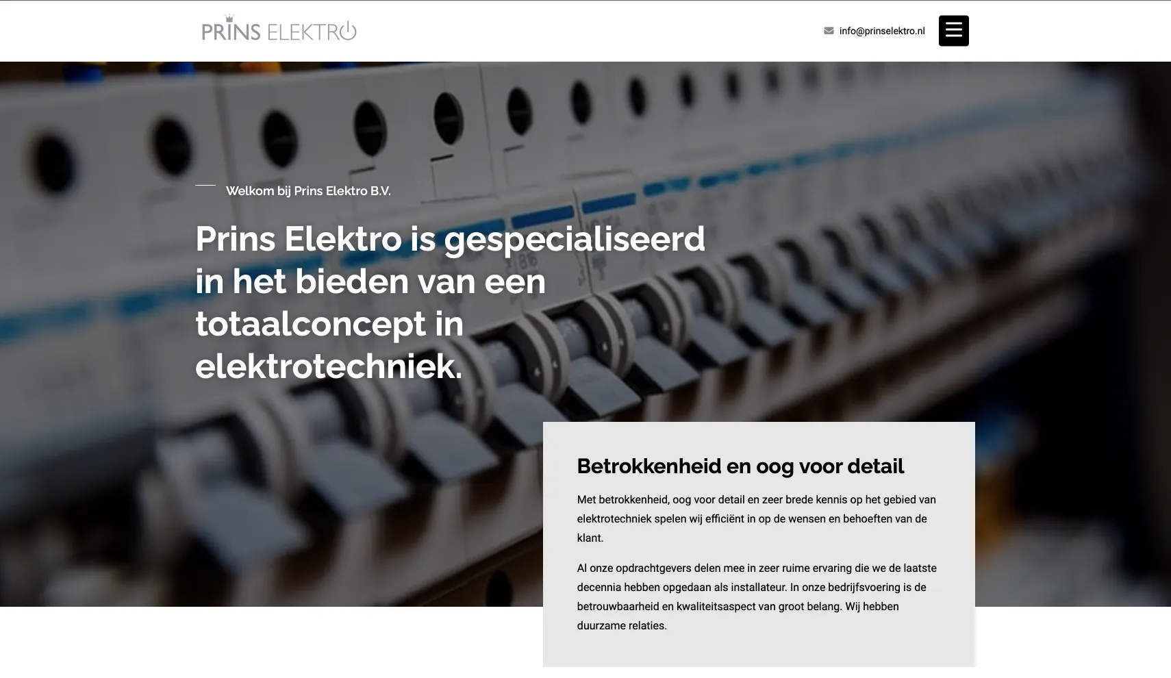 Hero sectie op de hoofdpagina van Prins Elektro hun website
